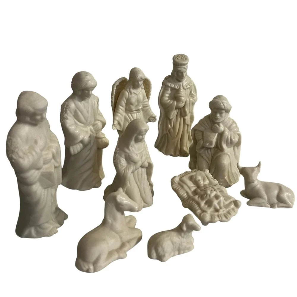 Nativity Scene Set 10 Piece Ceramic Cream Holy Family Angel Wise Men‎ Animals